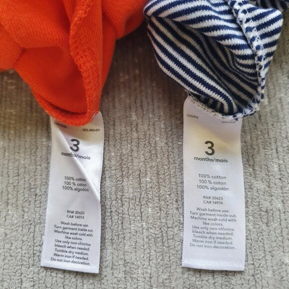 Two Carter's Baby Bodysuits Size 3 Months Orange Striped Navy Blue White - Picture 4 of 4